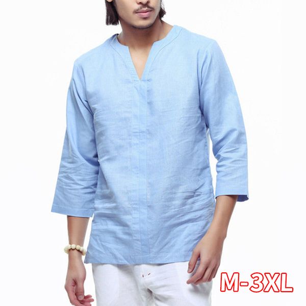 

chinese style cotton linen shirt for man plus size 3xl men casual breathable white soft three quarter shirt camisa masculina, White;black