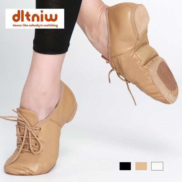 

black white tan lace up cow genuine leather reinforced outsole dance shoes for girls boys jazz ballet dancing sneakers