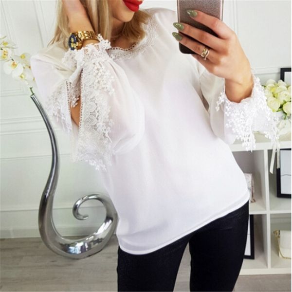

womens chiffon blouse 2019 new white cold shoulder long sleeve loose blouse ladies summer casual o neck lace shirt sale
