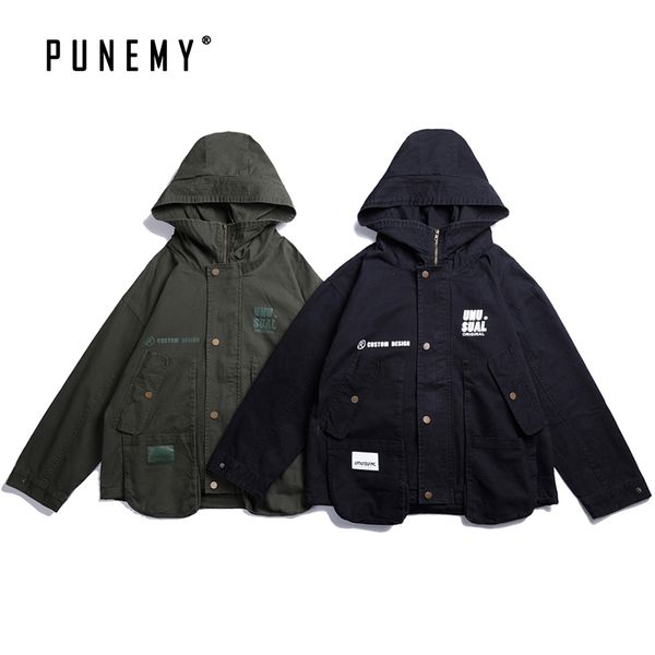 

retro streetwear men trench coats windbreaker hip hop harajuku letter print patchwork hooded stand collar oversize man's trench, Tan;black