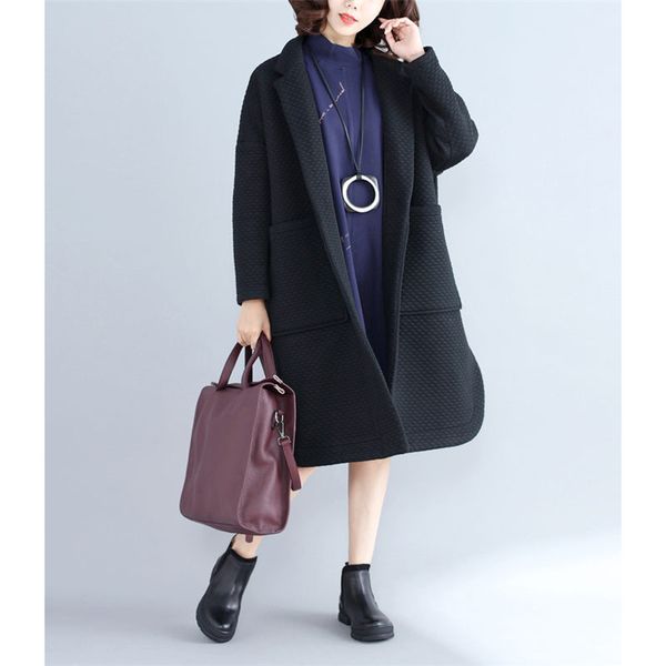 

2019 new literary loose thick large size long coat casual plus velvet trench coat autumn winter women clothing outwear f1498, Black