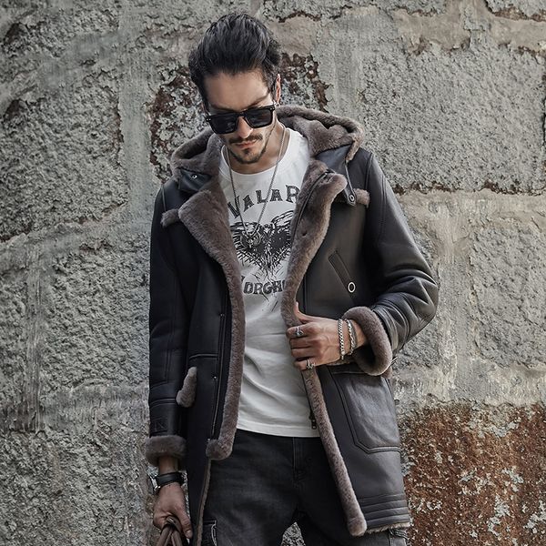 

mens hooded sheepskin shearling jacket travel casual coat winter leather jacket long style brown, Black