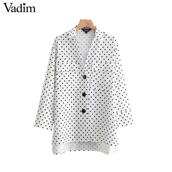 

vadim women polka dots print blouse v neck nine quarter sleeve pockets side split casual shirts summer chic blusas la836, White