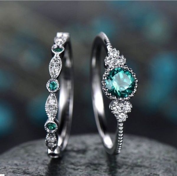

3 colors stackable double rings sets for women 925 silver round green blue zircon stone engagement female birthstone ring, Golden;silver