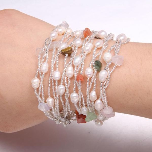 

new style rice-shaped freshwater pearl beads gravel bracelet 18.5 cm for elegant women love romantic jewelry gift, Golden;silver