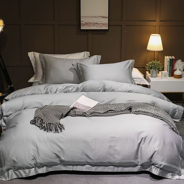

2018 white gray egyptian cotton duvet cover set embroidery 4pcs /king size bedclothes l bedding sets