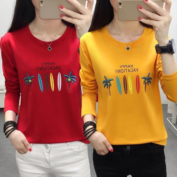 

2019 t- dress women's dress loose large size student long sleeve t-shirt versatile outside wear base shirt women, White
