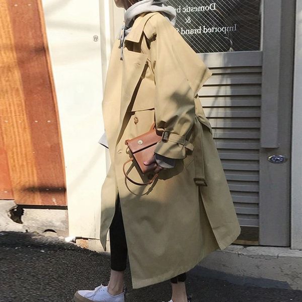 

wqjgr trench coat women 2020 spring autumn long sleeve turn-down collar windbreaker trench femme double breasted, Tan;black
