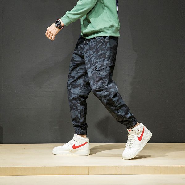 

men's cargo pants casual cotton male drawstring print multi-pockets camo trousers tactical army camouflage pants, Black