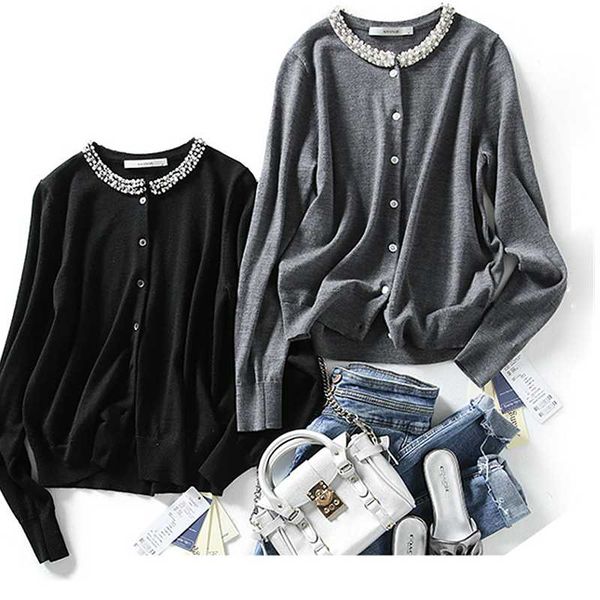 

100% cashmere cardigan women beaded knitting sweater ethnic o neck single breasted long sleeves 2 colors new fashion, White