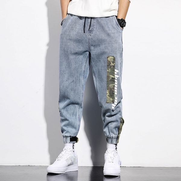 

мода уличная мужская джинсы свободная посадка ретро синий гарем джинсы камуфляж сплайсированные дизайнерские брюки-карго хип-хоп мужчины бег, Blue