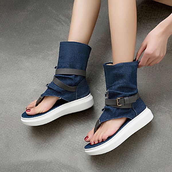 

women high-sandals ladies quality denim sandals fashion roman belt buckle thick bottom clip toe new summer plus size, Black