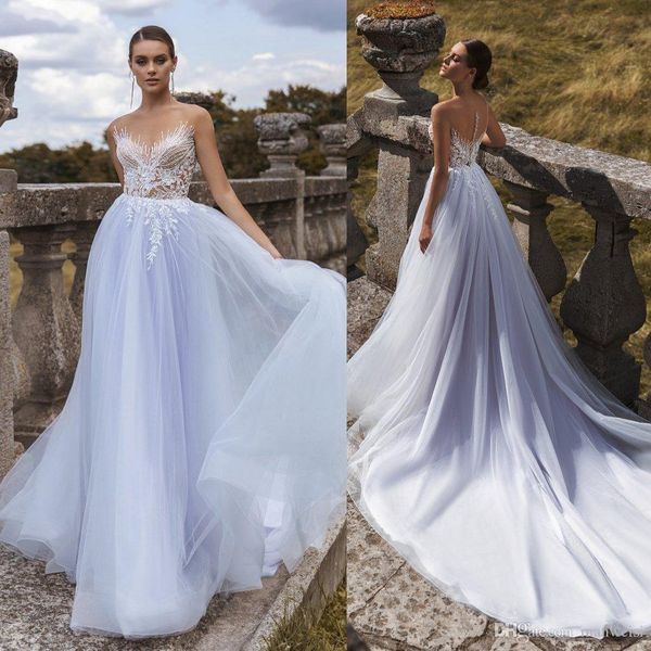 

white beach short sleeve a line wedding dresses sheer jewel neck appliqued beaded tulle see through court train wedding bridal gowns