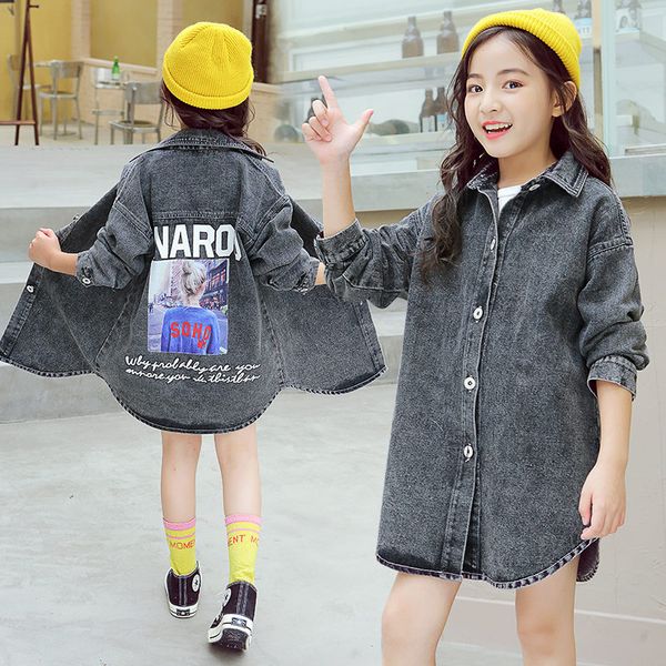 

long kids black denim jean jacket for girls cool long sleeves plus size kids girls black denim jacket spring autumn outerwear, Blue;gray