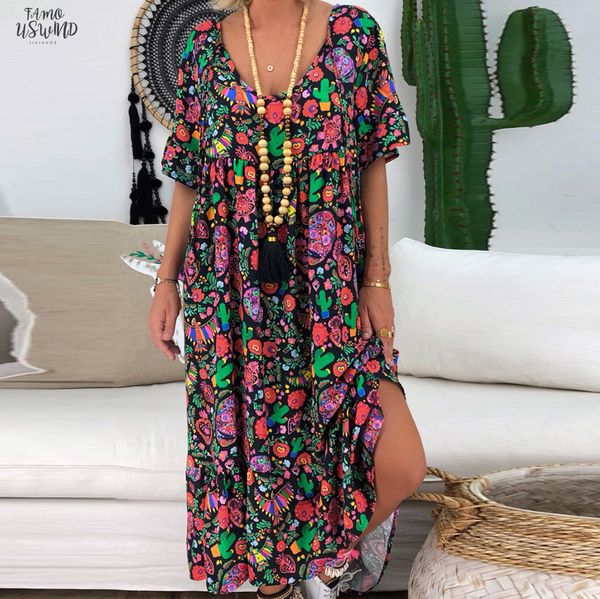 

women dresses summer 2020 boho floral print short sleeve long dress loose beach sundress plus size long dress vestidos, Black;gray