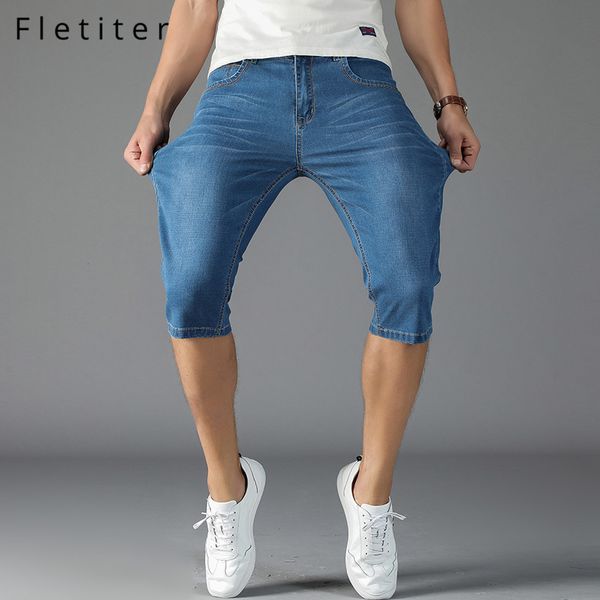 

fletiter 2019 summer new men's stretch short jeans fashion casual slim fit elastic cotton denim shorts male clothes, Blue