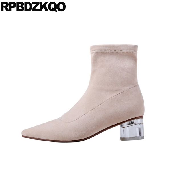 

women ankle boots medium heel autumn fur pointed toe chunky fall designer suede 2019 block chinese shoes genuine leather winter, Black