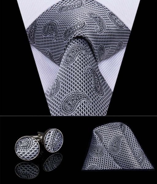 

hi-tie новый дизайн классический черный белый плед шейный галстук hanky ​​запонки комплект 100% шелк высокого качества для мужской деловой п, Black;blue