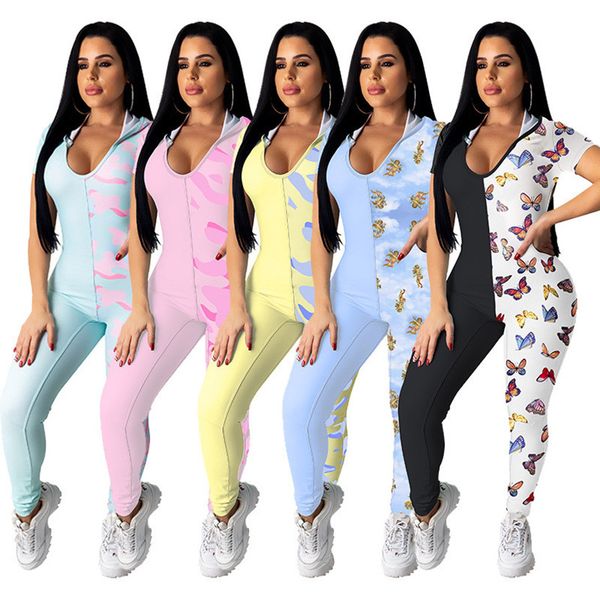 

plus size 2xl summer women short sleeve jumpsuits fashion skinny print bodysuits trendy rompers casual v neck hooded overalls 2621, Black;gray