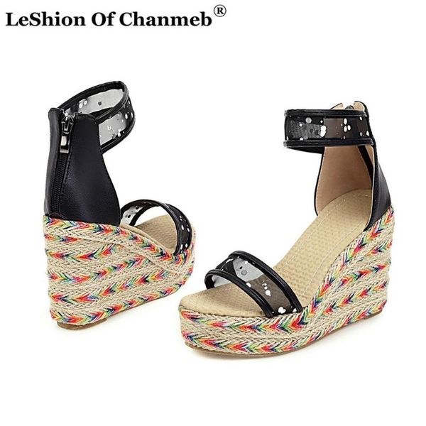 

chic colorful sole platforms sandals women ladies largest size 49 zipper mesh wedges sandals woman wedged platformed shoes, Black