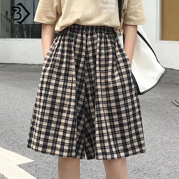 

plus size women loose plaid shorts spring summer casual japan style high elastic waist bottoms wide leg shorts new 2020 b03516o, White;black