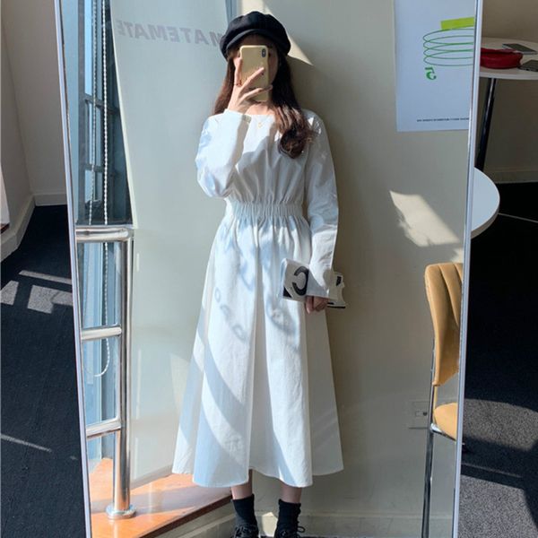 

korea 2020 spring solid color round collar long sleeve slim waist dress women korea loose casual elegant dress tidelp5k, Black;gray