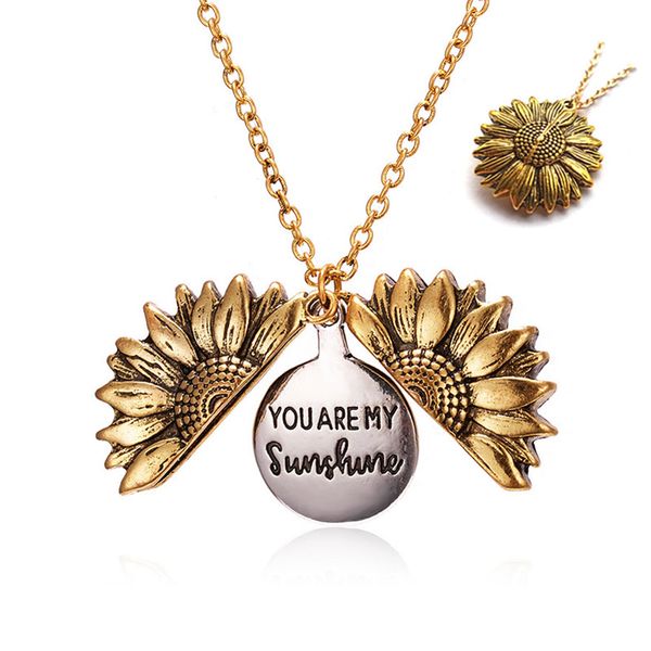 

personalized you are my sunshine friends bitches valentine necklace antique gold sunflower locket pendant necklace for women, Silver