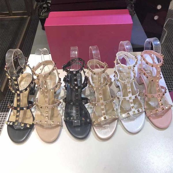 

women designer high heel 6.5cm 9.5cm studded sandals genuine leather slingback ladies pumps buckle strap rubber sole chunky heel sandal, White;red