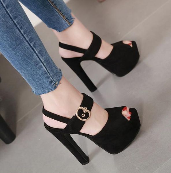 

comfortable black suede buckle thick heel platform designer shoes summer designer sandals 14.5cm size 34 to 39 tradingbear
