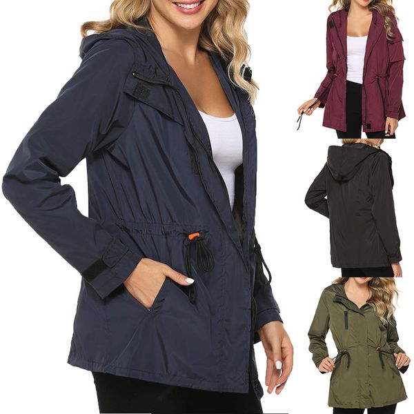 

autumn coats for women waterproof with hood windbreaker outdoor hiking rain jacket drawstring waist outerwear trench raincoats, Blue;black