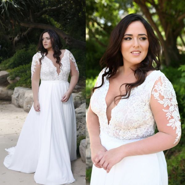 

deep v neck chiffon wedding dresses lace long sleeves plus size wedding gowns 2020 bohemian beach bridal dress vestido de novia, White