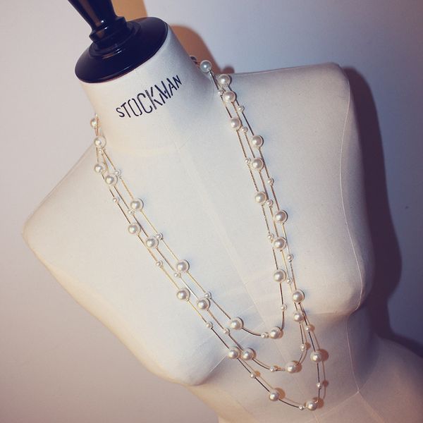 

luxury jewelry women designer necklace full pearl necklace with flower double sweater chains elegant long necklaces for girl gift, Silver