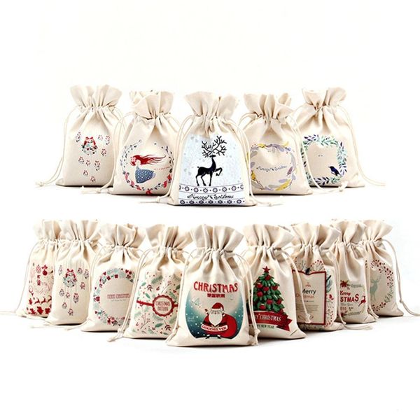 

16x23.5cm canvas santa party gift bags with drawstring christmas decoration for home santa deer elk ride new year xmas ornaments