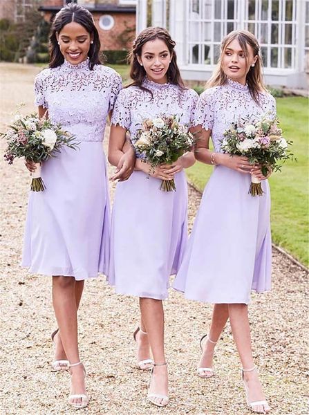 

lilac lace bridesmaid dresses short with sleeves high neck knee length zipper back prom party gowns wedding guest gowns, White;pink