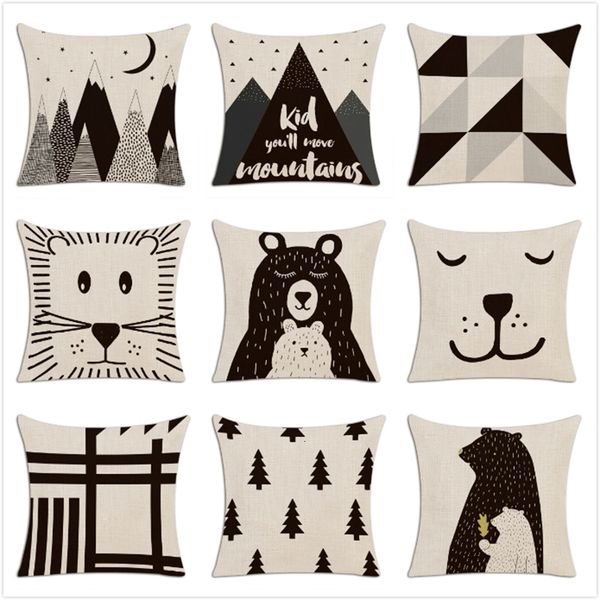 

children simple cushion cover hand painted cartoon animals pillow case nordic style forest bear bookcase mountain pillow cover