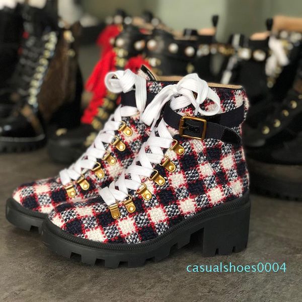 

2020 designer bee platform desert boots lady leather ankle boots high heel martin shoes print check tweed with belt good quality ac04, Black