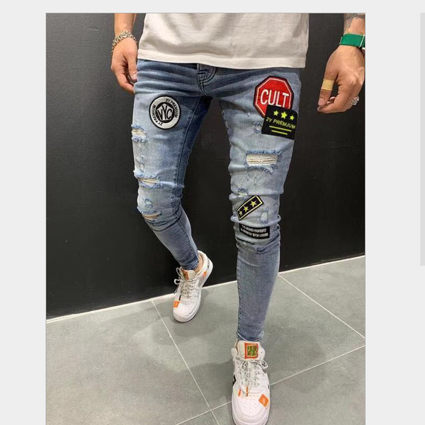 

fashion ripped jeans men's stretch trousers men's casual jeans pants male spliced solid color cotton personality pants, Blue