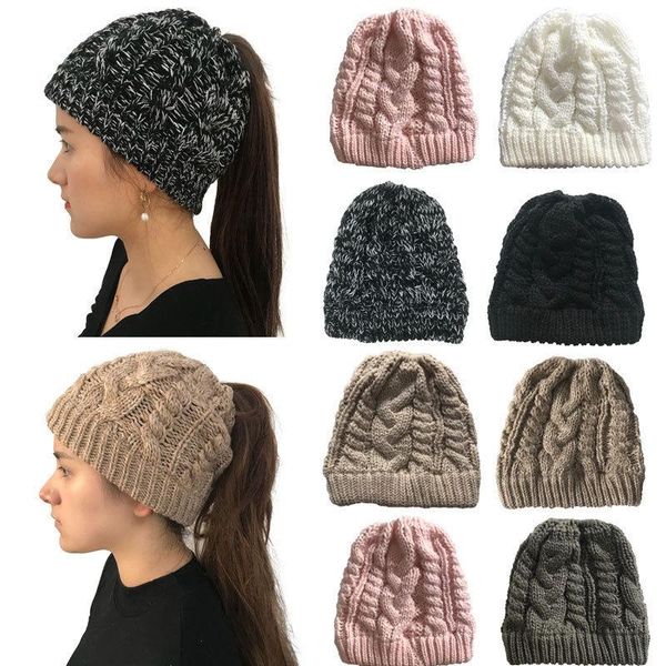 

женская девочка stretch knit hat грязный bun хвостик beanie холи теплые шапки зима