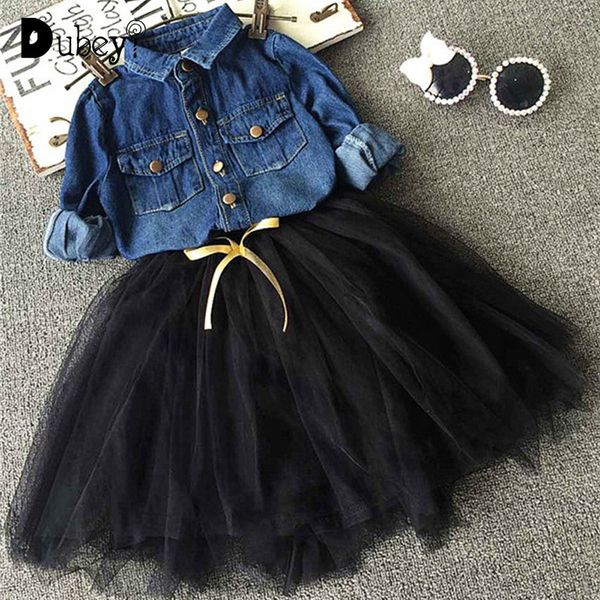 

toddler girl denim suits girls ruffle outfits long sleeved denim shirt + tulle skirt set for girls boutique kids clothing, White