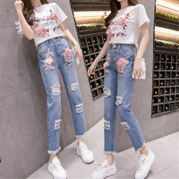 

promotion 2020 new fashion embroidered flowers denim pants elegant temperament hole jeans fashion women jeans, Blue
