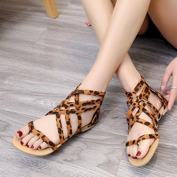 

sandals women leopard print 2021 summer casual flat open toe breathable zipper peep ladies beach leisure shoes, Black