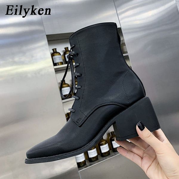 

eilyken 2019 new winter woman ankle boots cross lace up round toe fashion motorcycle leisure boots ladiesthick low heels shoes, Black