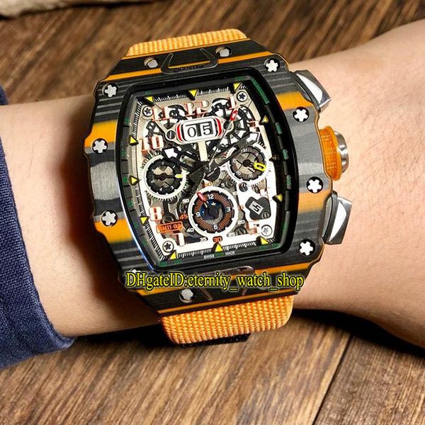 

special edition rm11-03 mclaren skeleton dial carbon fibre case flyback chrono automatic 11-03 mens watch orange nylon strap sport watches, Slivery;brown