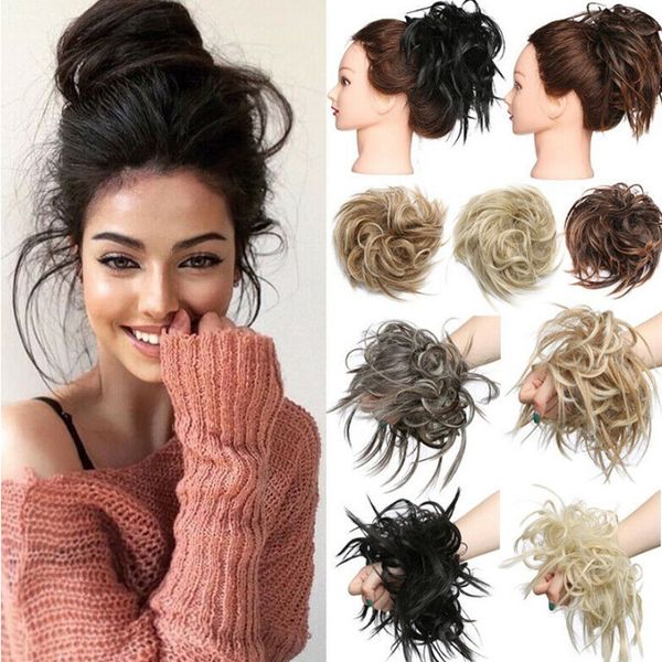 

synthetic messy chignon bun hairpiece elastic band chignon hair curly scrunchie cover synthetic hairpiece for women, Brown