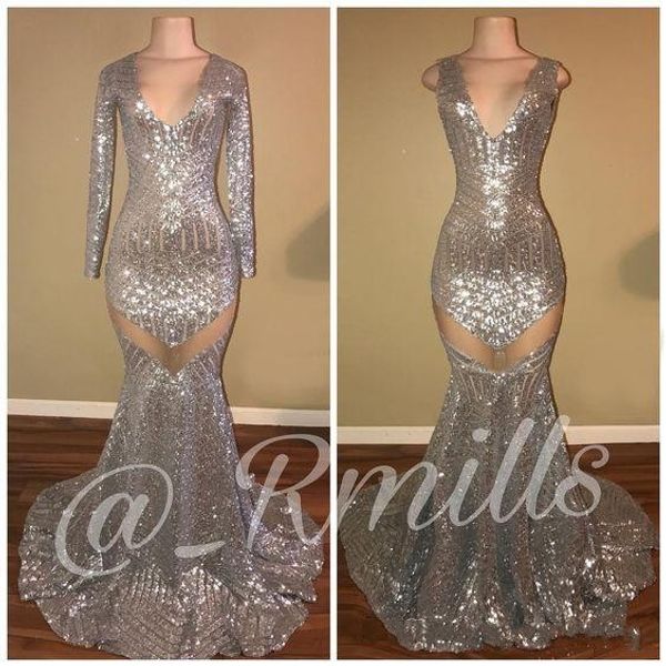 

2019 bling silver sequined lace mermaid prom dresses v neck long sleeves see through sequins sweep train formal party pageant evening gowns, Black