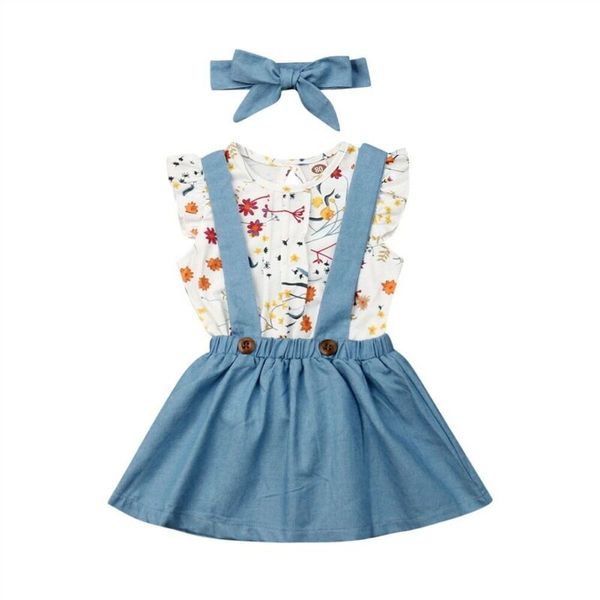 

милый малыш девочка лето цветочные футболки топ + подтяжки юбки + узел-лук оголовье наряды 3 шт. комплект, White