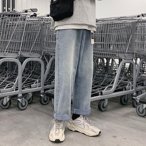 

new hip-hop mens korean fashoins harem blue jeans pants 2020 vintage straight pants harajuku jeans baggy belt denim