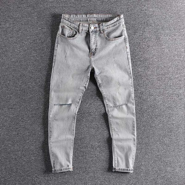

2020 new light color cool jeans men's slim little feet retro cut holes men's pants spring cropped trouser handsome jeans 0106, Blue