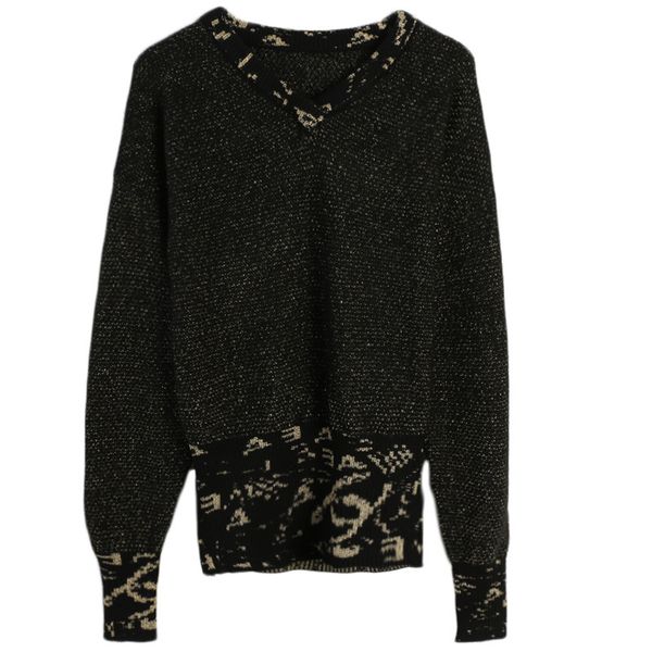 

tunjuefs letter jacquard sweater women jumper lurex elegant v-neck long sleeve jersey runway slim pullovers knitted top, White;black