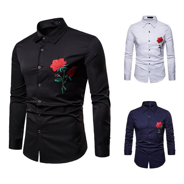 

pyjtrl men's fashion rose embroidery long sleeve shirt, White;black